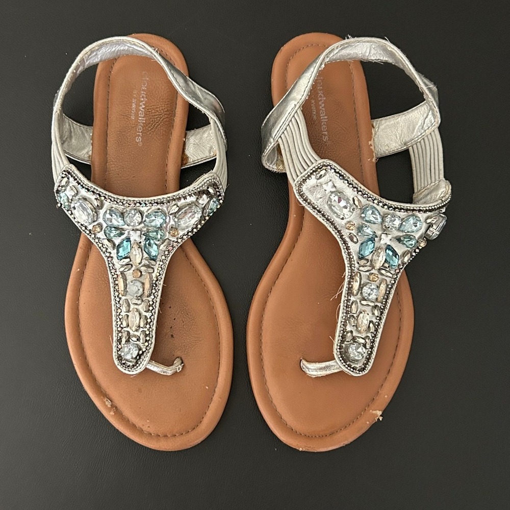 Cloudwalkers Avenue Amelia Silver Rhinestone Thong Sandals Wide 9W Metallic Blue
